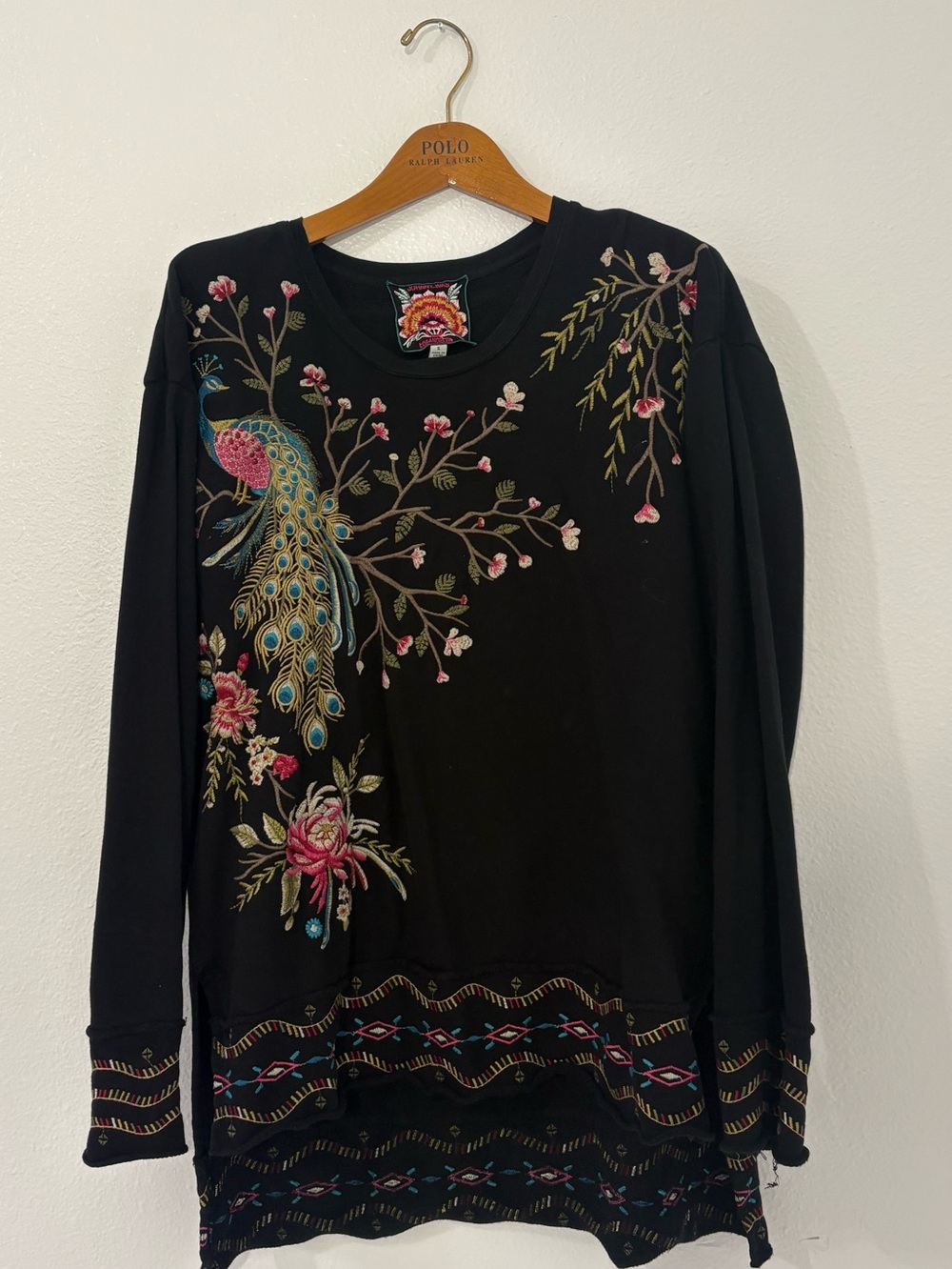 Johnny Was Black Long-Sleeve Top with Embroidered Peacock and Floral -Size S
